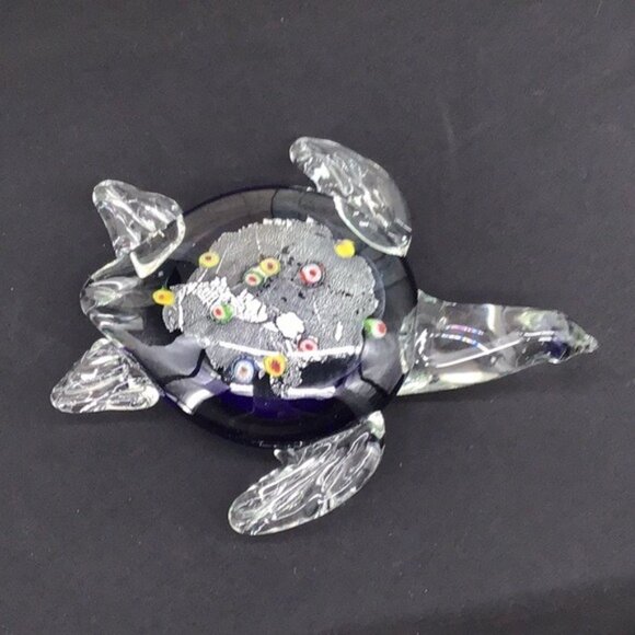 Handcrafted Glass Turtle Paperweight With Millefiori Design & Silver Leaf Accent - Picture 2 of 6